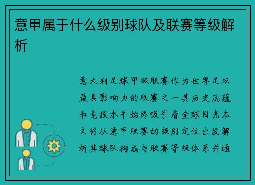意甲属于什么级别球队及联赛等级解析