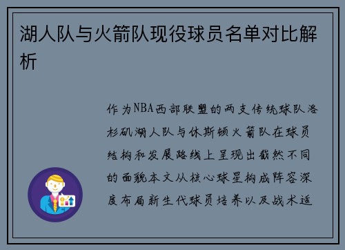 湖人队与火箭队现役球员名单对比解析
