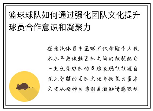 篮球球队如何通过强化团队文化提升球员合作意识和凝聚力